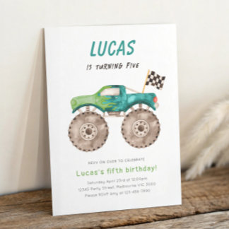Invitation Green Monster Truck Any Age Birthday Party