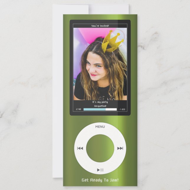 Invitation Green MP3 Music Player II Birthday (Devant)