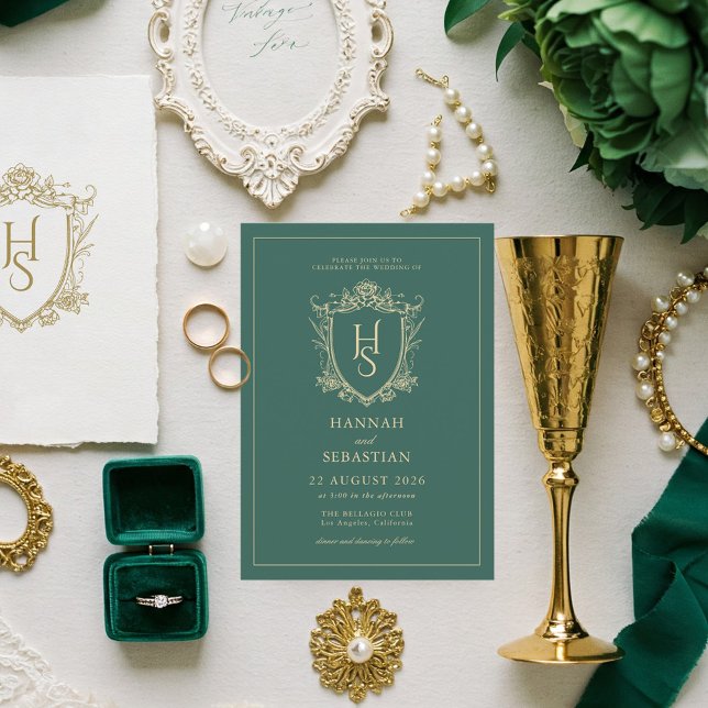 Invitation Green Old Money Vintage Crest Mariage (Créateur téléchargé)