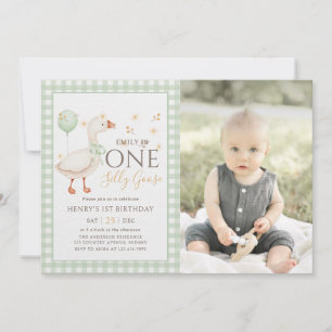 Invitation Green One Silly Goose 1ère photo d'anniversaire
