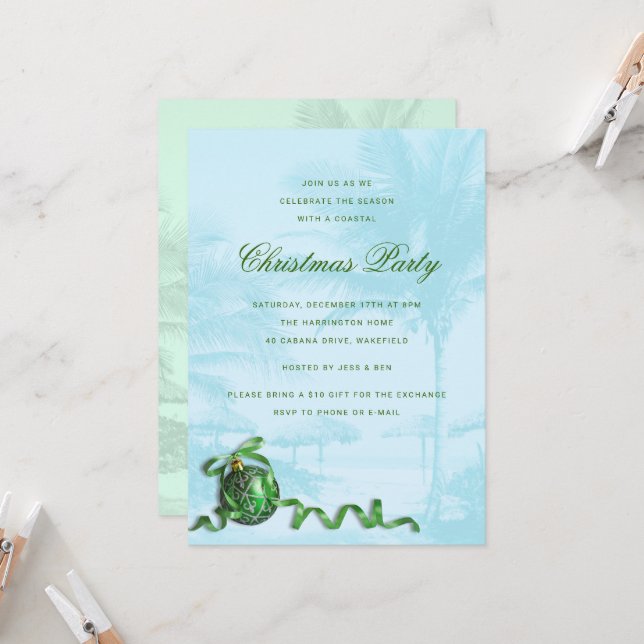Invitation Green Ornament bleu Noël Party Thème tropical (Devant/Arrière en situation)