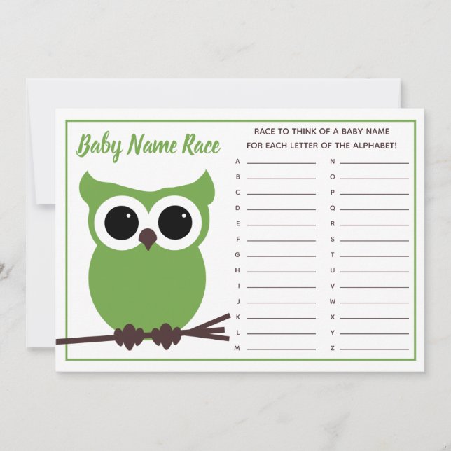 Invitation Green Owl Nom de la race Baby shower de course Jeu (Devant)