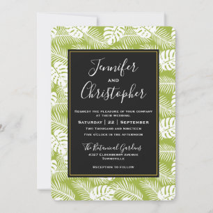 Invitation Green Palm Leaves Rainforest Pattern