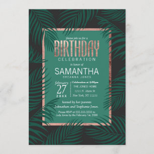 Invitation Green Palm Tree Feuille Black Rose Gold Anniversai