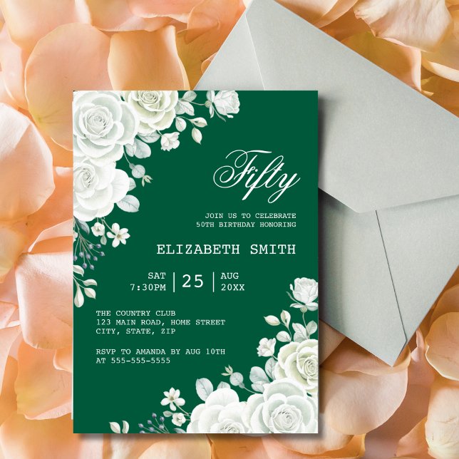 Invitation Green Pastel Rose blanche Floral Anniversaire (Créateur téléchargé)