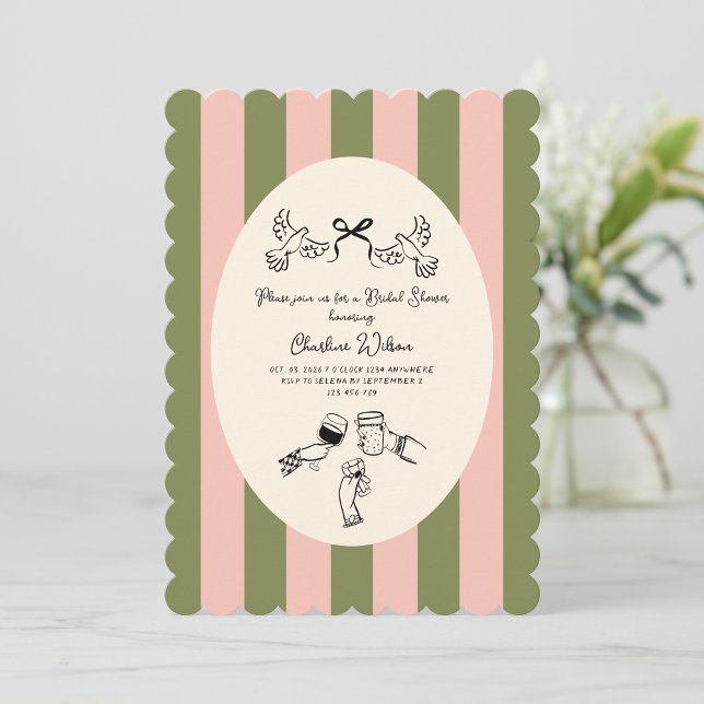 Invitation Green Pink Striped Cute illustrated Bridal Shower (Créateur téléchargé)