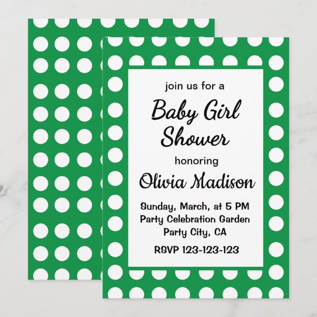 Invitation Green Polka Dot Mère À Être Mignonne Bébé Fille Do (Devant / Derrière)