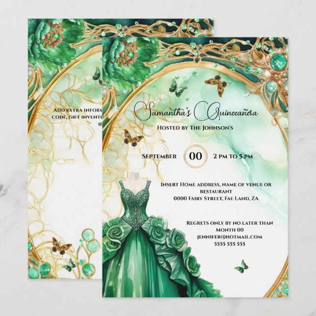 Invitation Green Quinceañera peony fleurs de ballon élégant (Devant / Derrière)