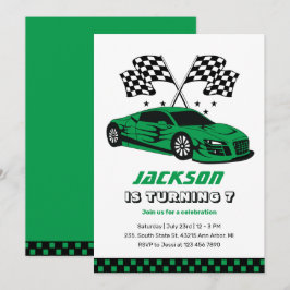 Invitation Green Race Car Racing Enfants Garçons Anniversaire