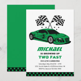 Invitation Green Race Car Two Fast Boys 2e anniversaire