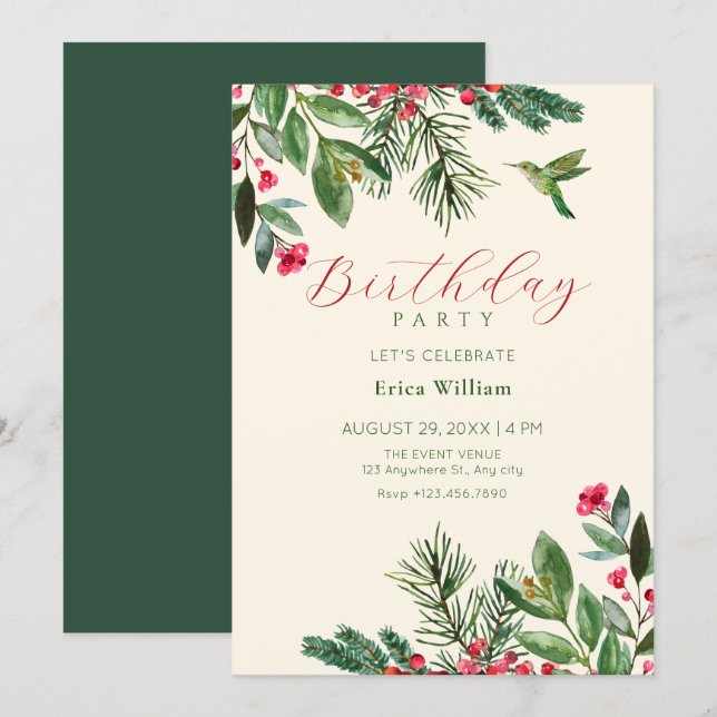 Invitation Green red floral birthday (Devant / Derrière)