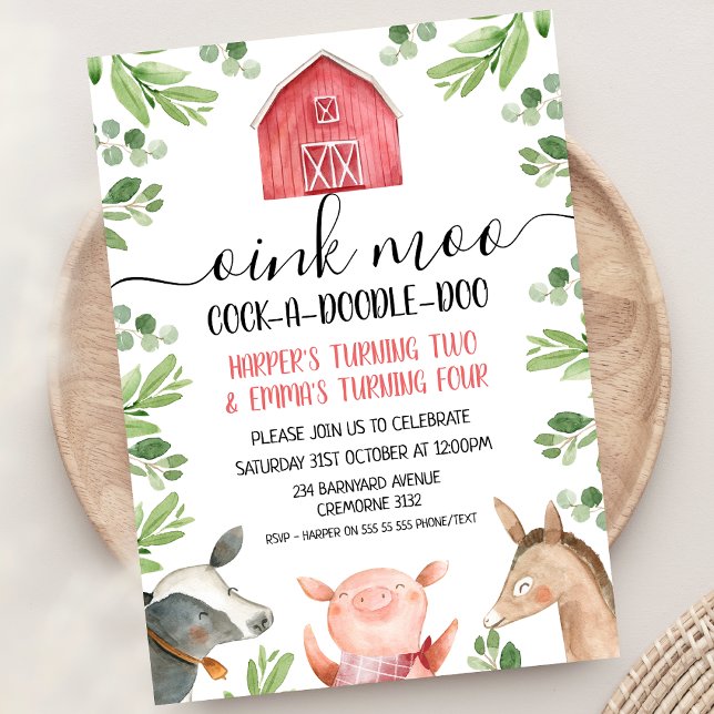 Invitation Green Red Joint Farm Animaux Folithe Anniversaire (Red Barn Foliage Join Farm Birthday Invitation Farmyard Animals Joint Birthday party Invite Oink Moo)