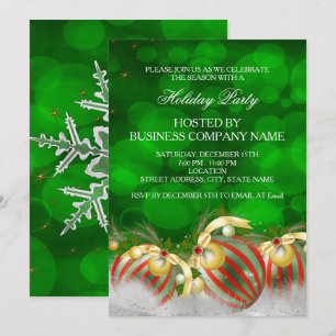 Invitation Green Red Silver Gold Holly Baubles