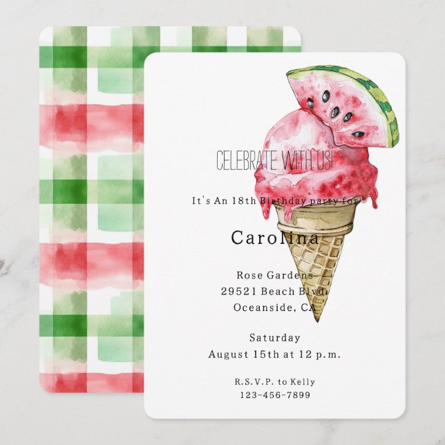 Invitation Green Red Watermelon Ice Cream Cone Birthday   (Devant / Derrière)