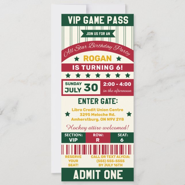 Invitation Green, Red, Yellow Sports Team Billets Anniversair (Devant)