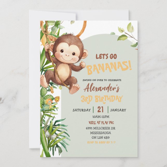 Invitation Green Savannah Monkey Let's Go Bananas Birthday (Devant)