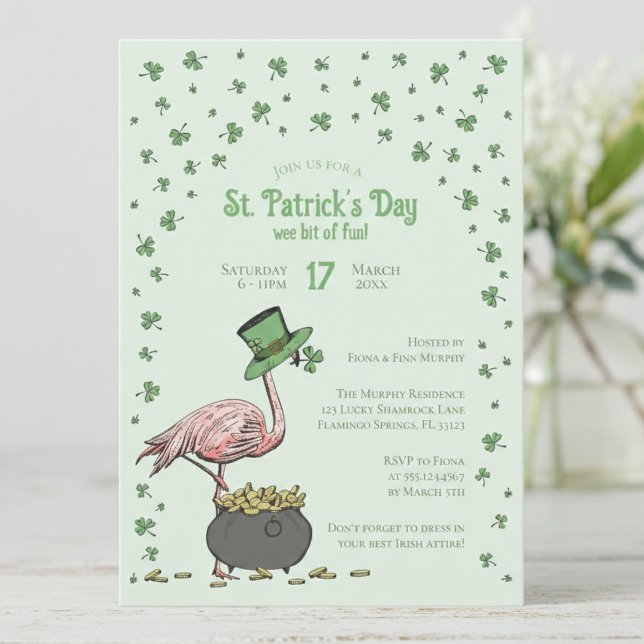 Invitation Green Shamrock Flamingo St Patrick's Day Party (Funny Irish Flamingo Light Green St Patrick's Day Invitations. Shamrocks, Clovers, Leprechaun Hat)