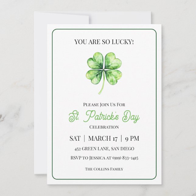 Invitation Green Shamrock Luck Simple St. Patrick's Day Party (Devant)