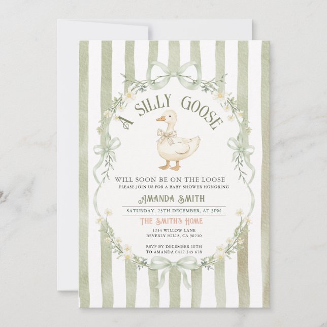 Invitation Green Silly Goose Baby Shower Preppy Strpes  (Devant)