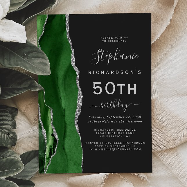 Invitation Green Silver Agate Dark 50th Birthday Party (Créateur téléchargé)