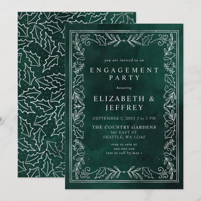 Invitation Green Silver Holly Noël (Devant / Derrière)