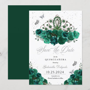 Invitation Green & Silver Tiara Sauvez La Date Quinceañera