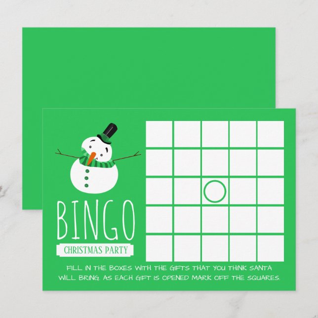 Invitation Green Snowman, Bingo de Noël (Devant / Derrière)