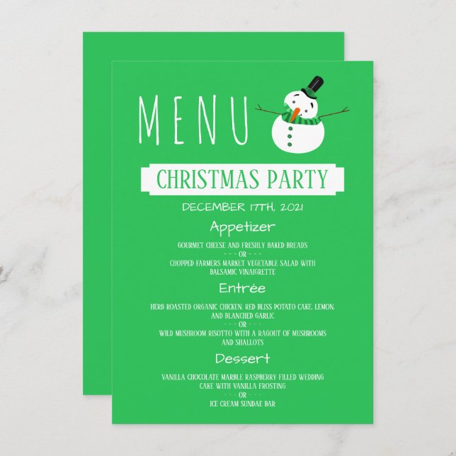 Invitation Green Snowman, Menu de fête de Noël (Devant / Derrière)