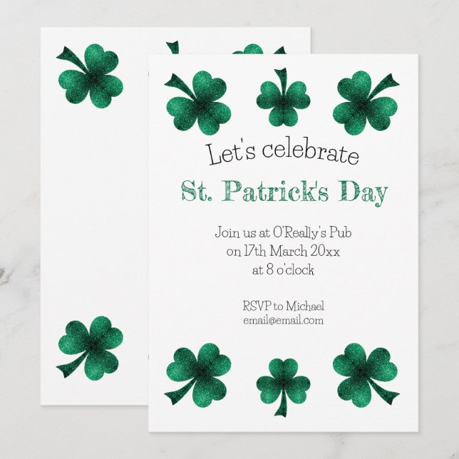 Invitation Green Sparkle Shamrock St. Patrick's Day White (Devant / Derrière)