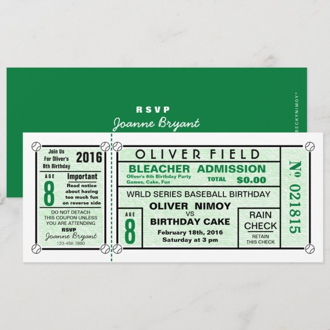 Invitation Green Stadium Billetterie Baseball Anniversaire (Devant / Derrière)