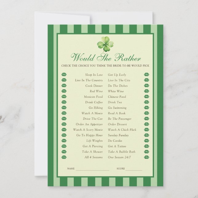 Invitation Green Striped Clover Would She Rather Game Card (Devant)