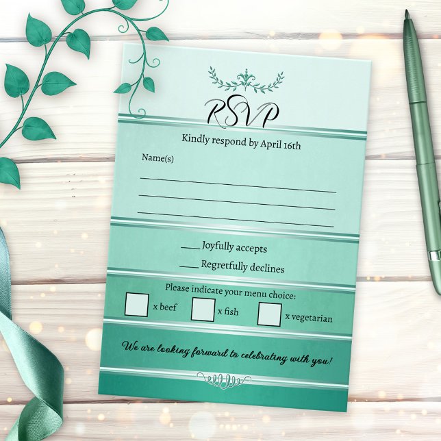 Invitation Green Striped Tone on Tone Wedding RSVP Card (RSVP card featuring a painted green striped ton sur ton design with a silver lining)