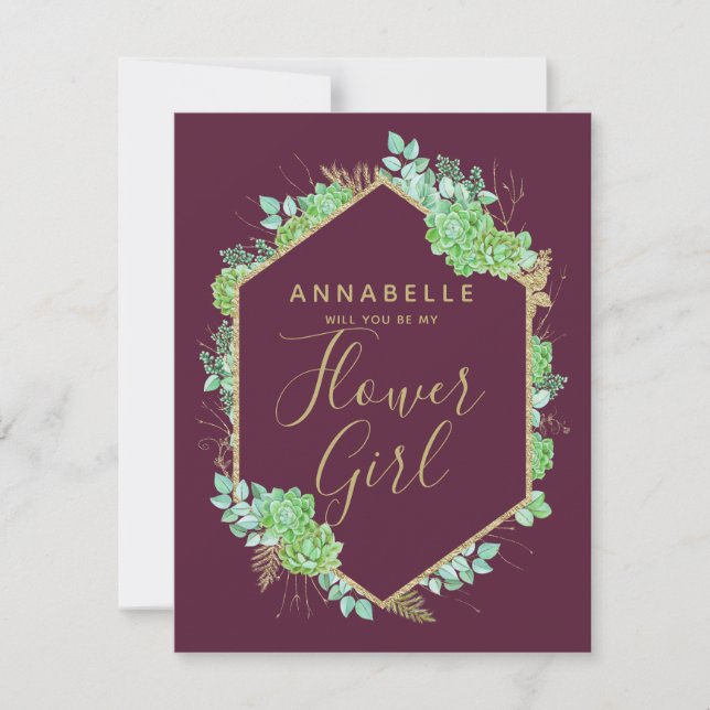 Invitation Green Succulents Gold Serez-Vous Ma Fille Fleur (Devant)