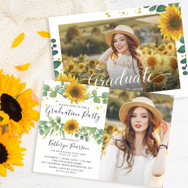 Invitation Green Sunflowers Graduation Party 2 Photo (Créateur téléchargé)