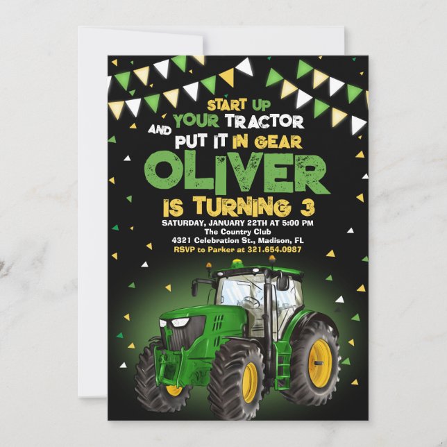 Invitation Green Tractor 5e fête d'anniversaire (Devant)