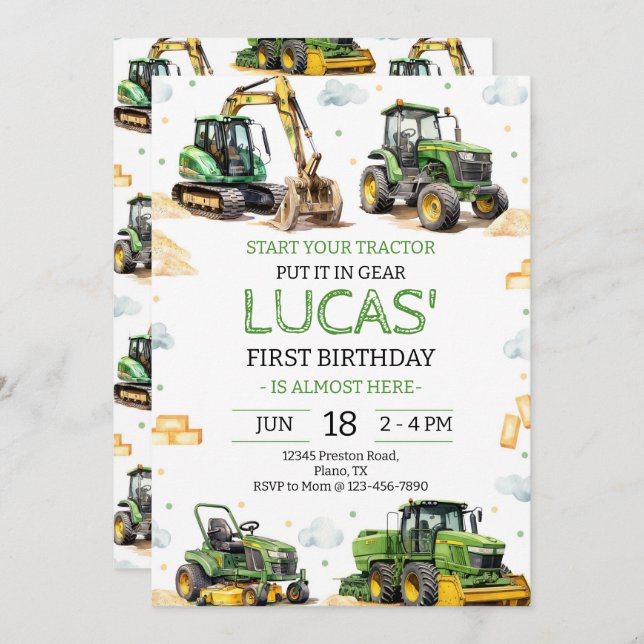 Invitation Green Tractor Birthday Party (Devant / Derrière)