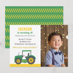 Invitation Green Tractor Boys Anniversaire Party avec photo