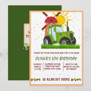Invitation Green Tractor Boys Thème Anniversaire Fête