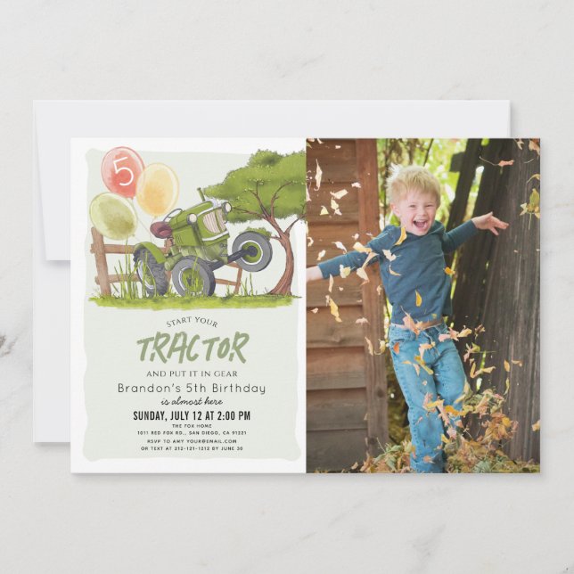 Invitation Green Tractor Farm Boy Photo Anniversaire (Devant)