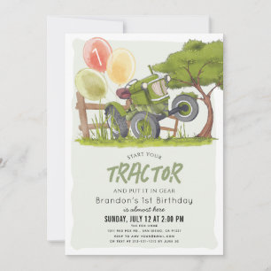 Invitation Green Tractor Farm Garçon 1er anniversaire