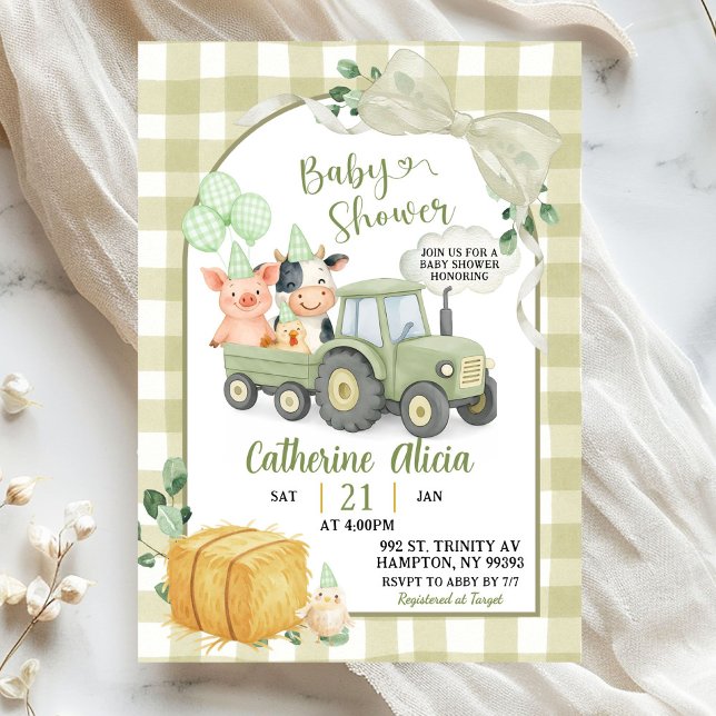 Invitation Green Tractor Gingham Coquette Farm Baby Shower (Créateur téléchargé)