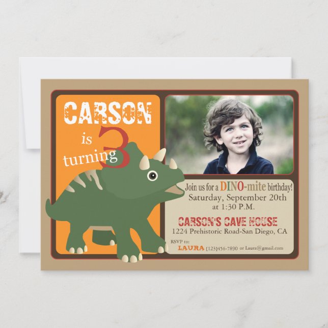 Invitation Green Triceratops Dinosaur Troisième Anniversaire (Devant)