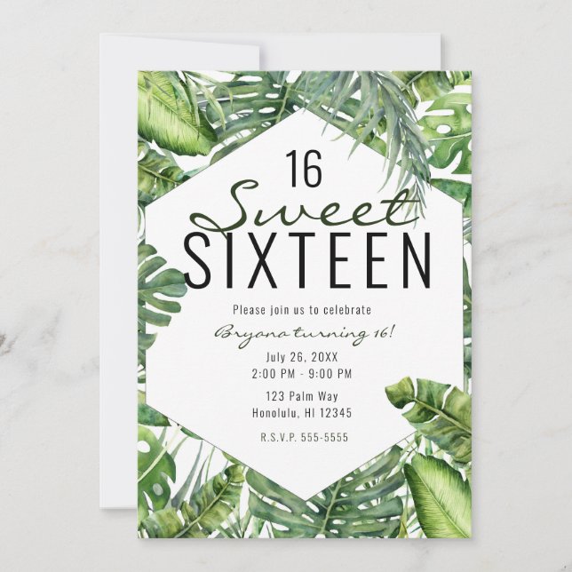 Invitation Green Tropical Palm Feuille Summer Island Sweet 16 (Devant)