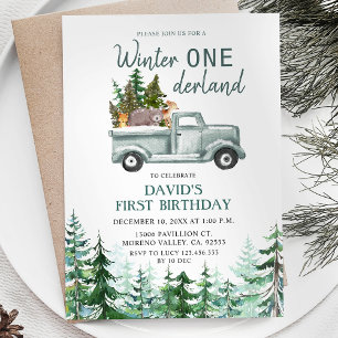Invitation Green Truck Winter ONE derland fête d'anniversaire