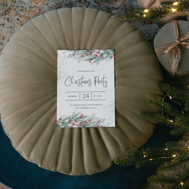 Invitation Green Twig Red Holly Berries Noël (Créateur téléchargé)