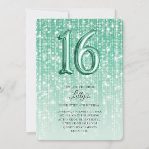 Invitation Green Twinkle Lights Foil Balloon 16e anniversaire