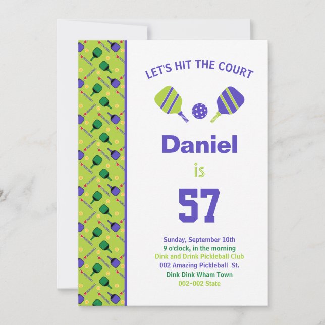 Invitation Green + violet Pickleball Anniversaire + RSVP In (Devant)