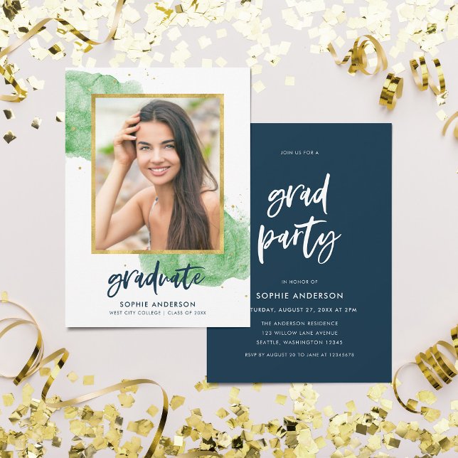 Invitation Green Watercolor Gold Photo Graduate Party (Créateur téléchargé)