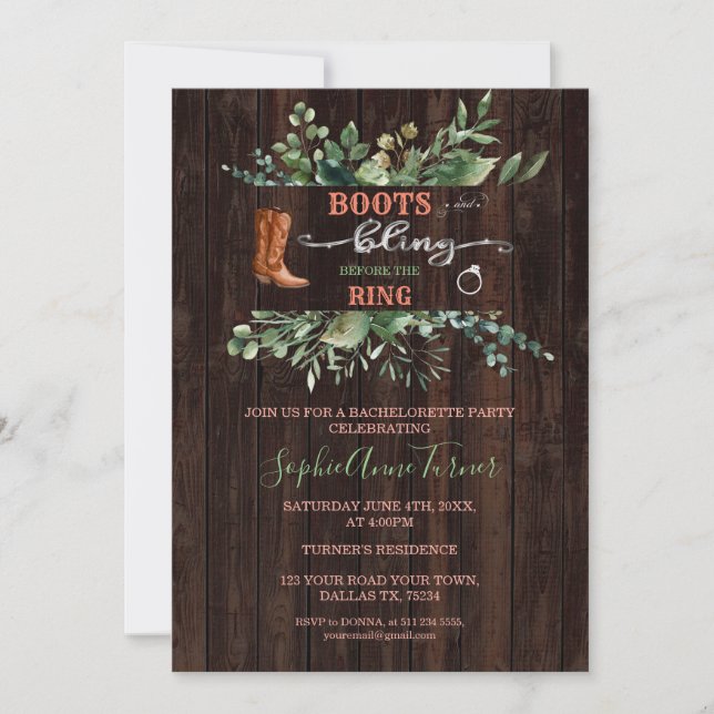 Invitation Green Western Boots & Bling Bachelorette Party (Devant)