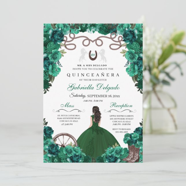 Invitation Green Western Charra Girl Ranchero Quinceanera (Debout devant)
